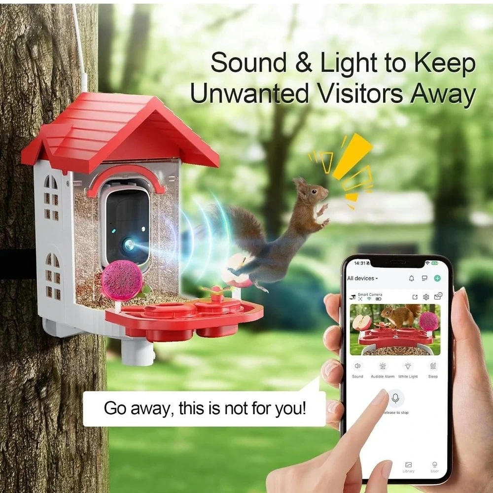 Smart‎ Bird Feeder Camera FB-A08 2K WiFi Solar Powered AI Night Vision Red